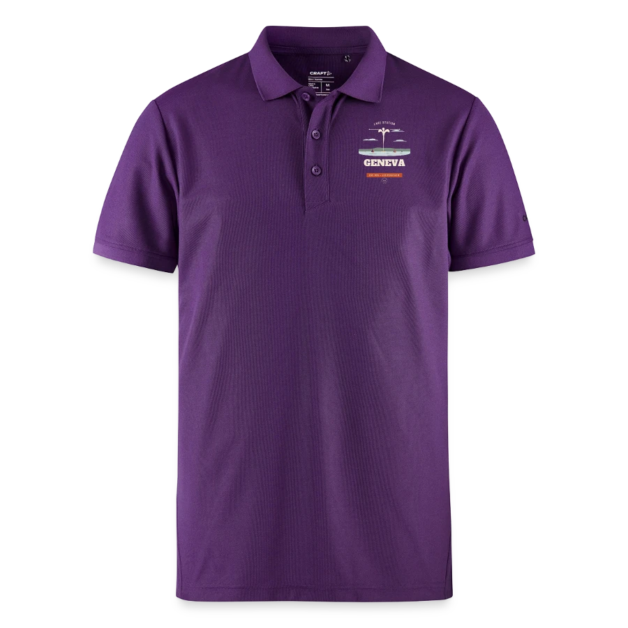 Geneva badge on a craft core unify polo, purple