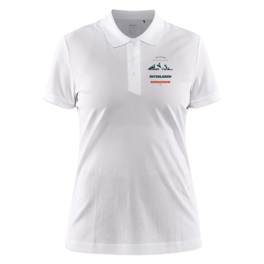 Interlaken badge on a craft core unify women's polo, white