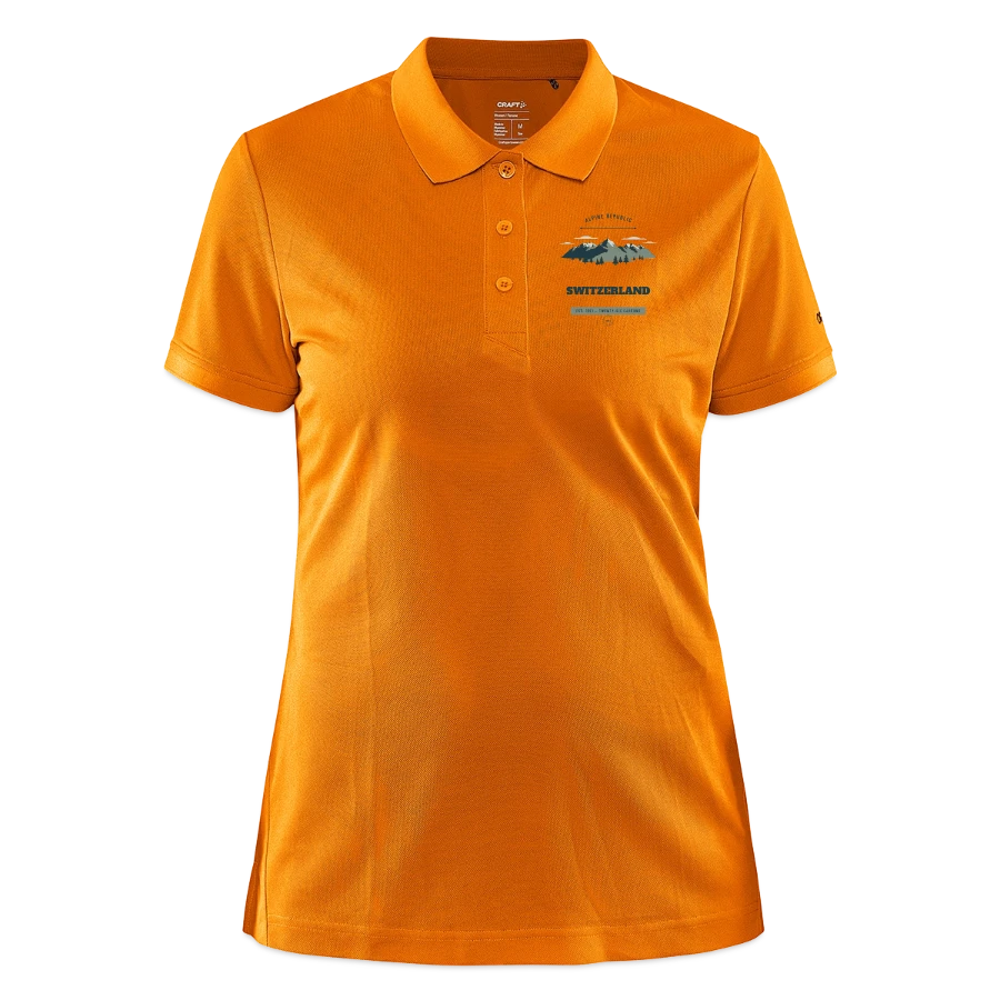 Switzerland badge on a craft core unify women's polo, heather bright orange