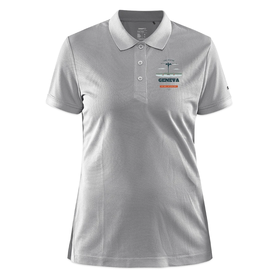 Geneva badge on a craft core unify women's polo, heather grey