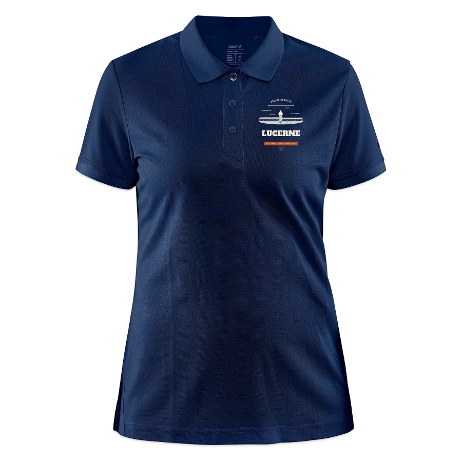 Lucerne badge on a craft core unify women's polo, heather navy