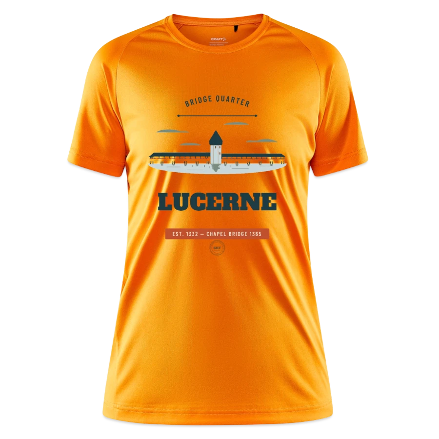 Lucerne badge on a craft core unify women's training t-shirt, okay orange