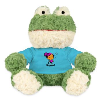 Tassmina enspannt mit einer Tasse Tee oder Kaffee - MiniFeet® Frosch Torge - Atollblau - Vorne