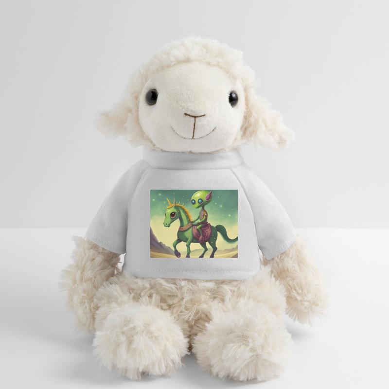 mignon petit extraterrestre rétro vert chevauchant un cheval Mouton en peluche Annika MiniFeet®