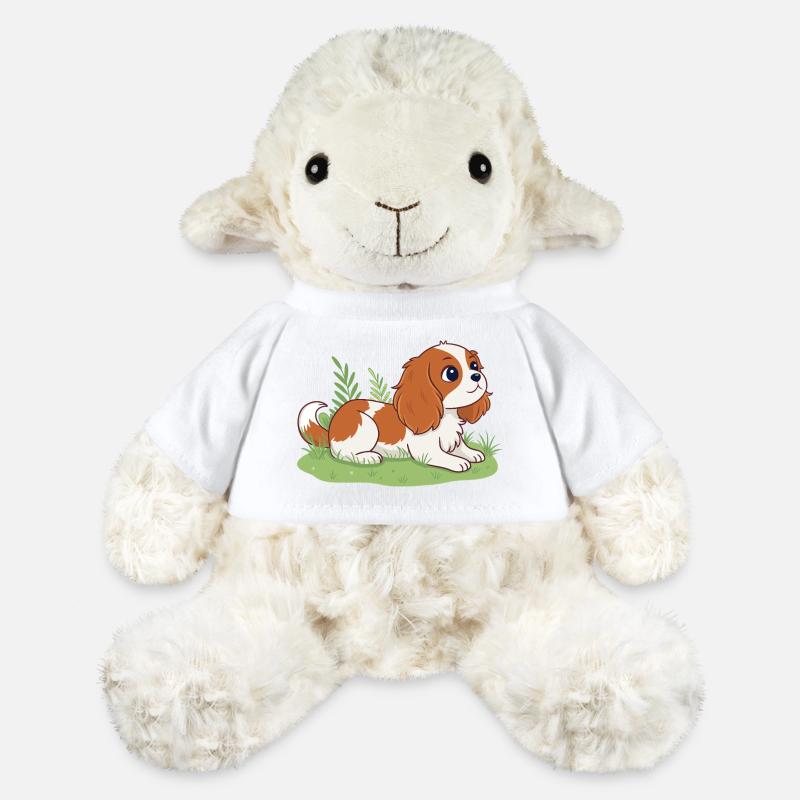 Chiot Cavalier sur herbe joyeuse - Mouton en peluche Annika MiniFeet® - blanc