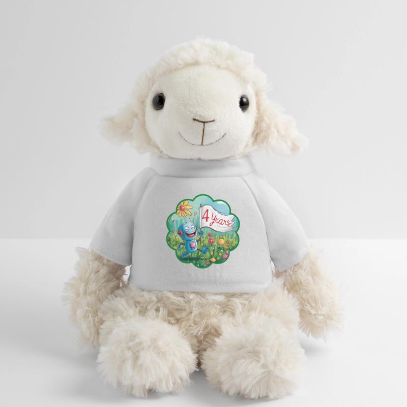 4 ans, 4e anniversaire robot sur prairie fleurie Mouton en peluche Annika MiniFeet®