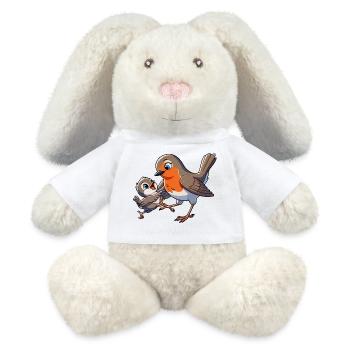 Robin mother and child frolicking - MiniFeet® RecycelHase® Bunny Cream - white - Front