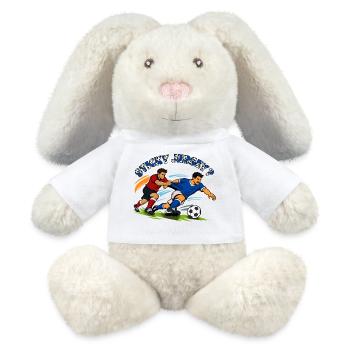 Kampf um den Ball: Fußball-Duell - MiniFeet® RecycelHase® Creme - Weiß - Vorne