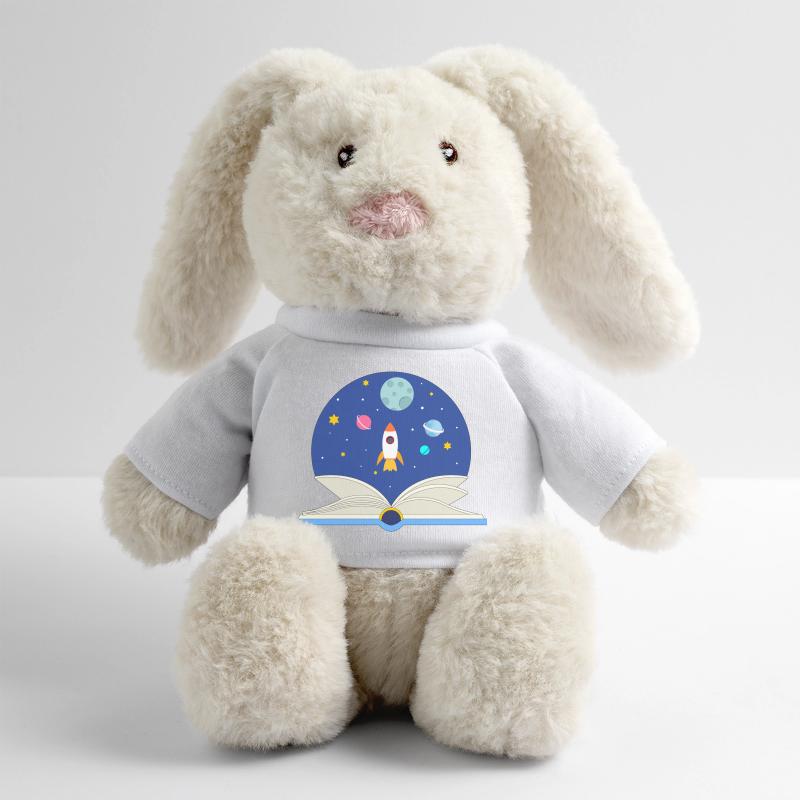 Livre ouvert avec scène spatiale, imagination et Avent Lapin en peluche recyclé MiniFeet® Crème