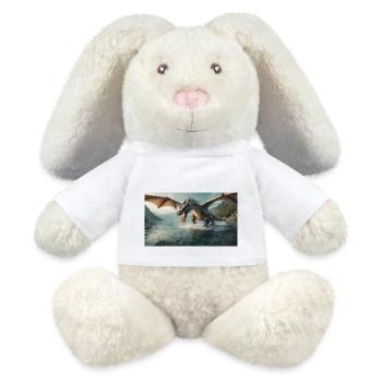 Ein realistischer böser dunkler Drache jagt Fischfluss - MiniFeet® RecycelHase® Creme - Weiß - Vorne