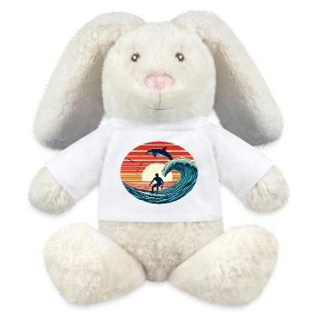 Surfer mit Delfin im Sonnenuntergang - MiniFeet® RecycelHase® Creme - Weiß - Vorne