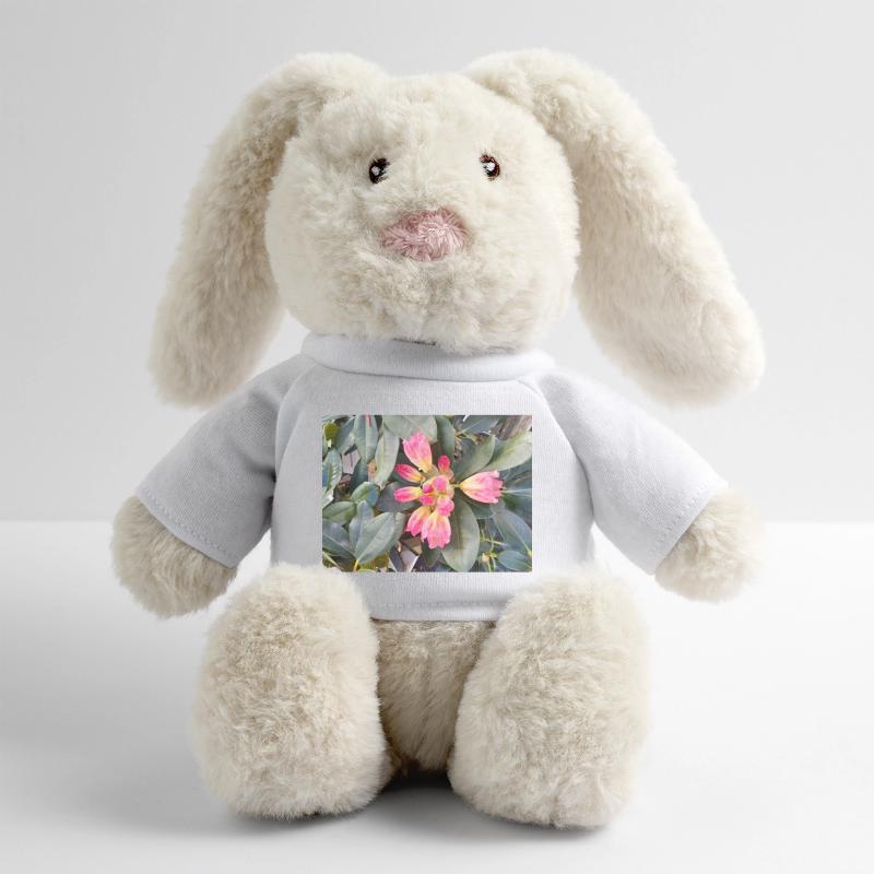 Fleurs roses orangées sur feuillage vert Lapin en peluche recyclé MiniFeet® Crème