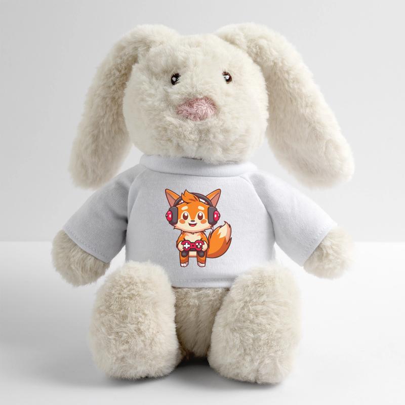 00237 roter Fuchs mit Kopfhörer und Controller MiniFeet® RecycelHase® Creme