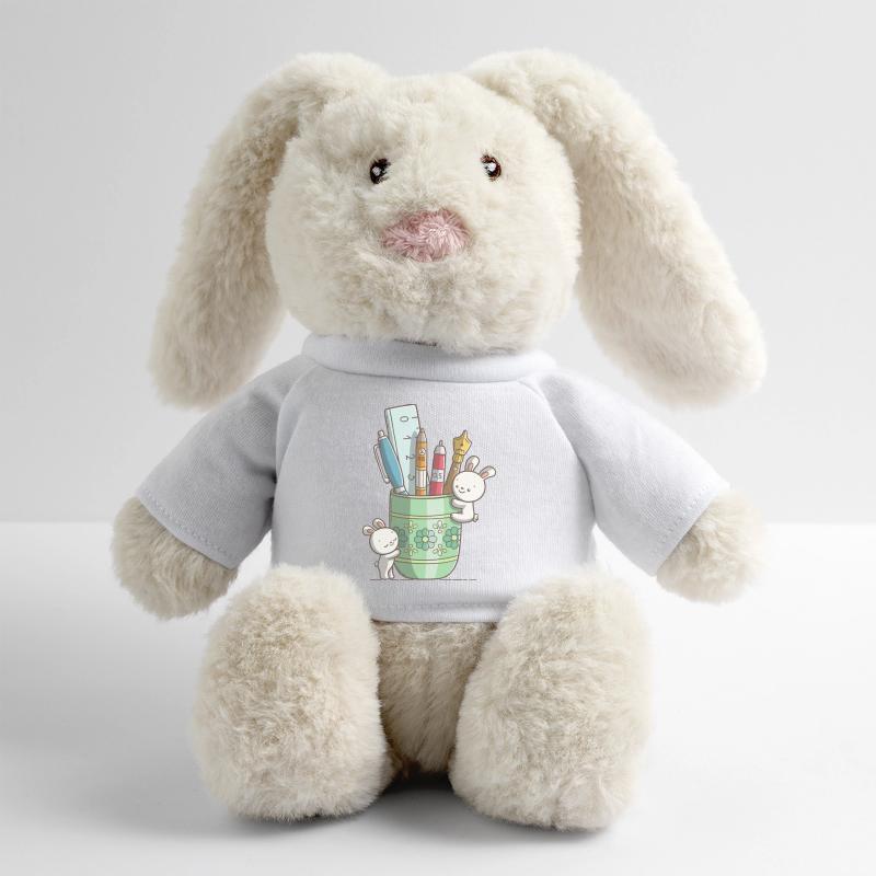 Deux lapins mignons devant un stylo Lapin en peluche recyclé MiniFeet® Crème