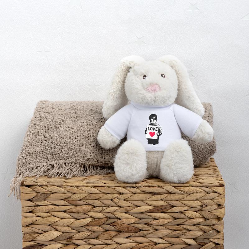 Boy with LOVE sign MiniFeet® RecycelHase® Bunny Cream