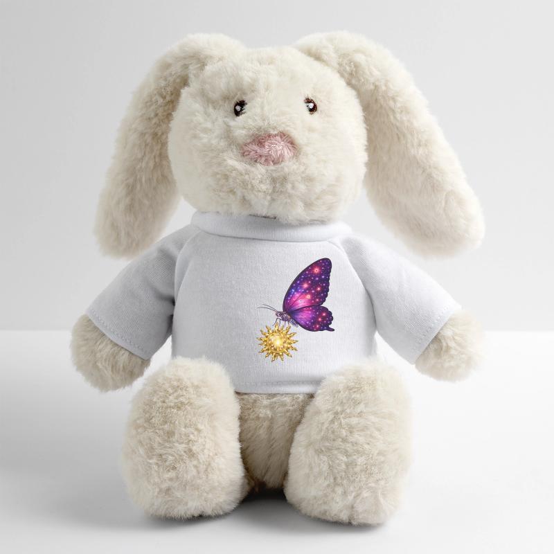 Soleil doré et papillon de l’espace. Lapin en peluche recyclé MiniFeet® Crème