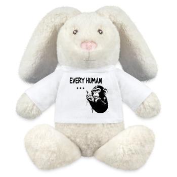 CHAQUE ÊTRE HUMAIN ... | Singe pensant à la manière de Banksy - Lapin en peluche recyclé MiniFeet® Crème - blanc - Devant