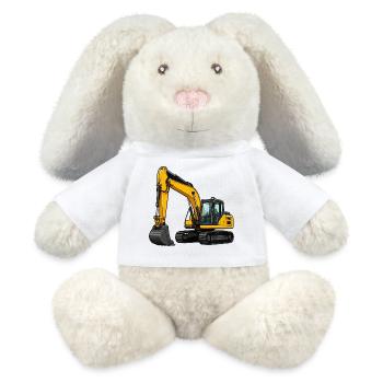 Gelber Bagger auf Baustelle - MiniFeet® RecycelHase® Creme - Weiß - Vorne