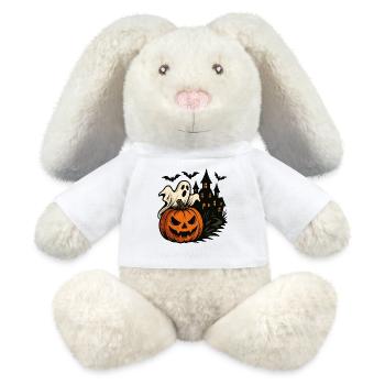 Halloween Kürbis Geisterhaus Szene - MiniFeet® RecycelHase® Creme - Weiß - Vorne