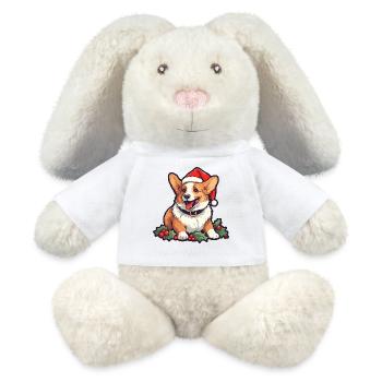Christmas Happy Corgi in Nikolausmütze mit Stechpalme - MiniFeet® RecycelHase® Creme - Weiß - Vorne