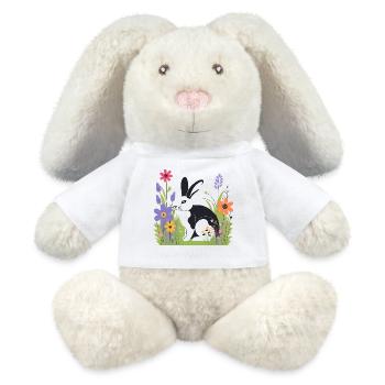 Hase auf der Wiese mit Blumen - MiniFeet® RecycelHase® Creme - Weiß - Vorne