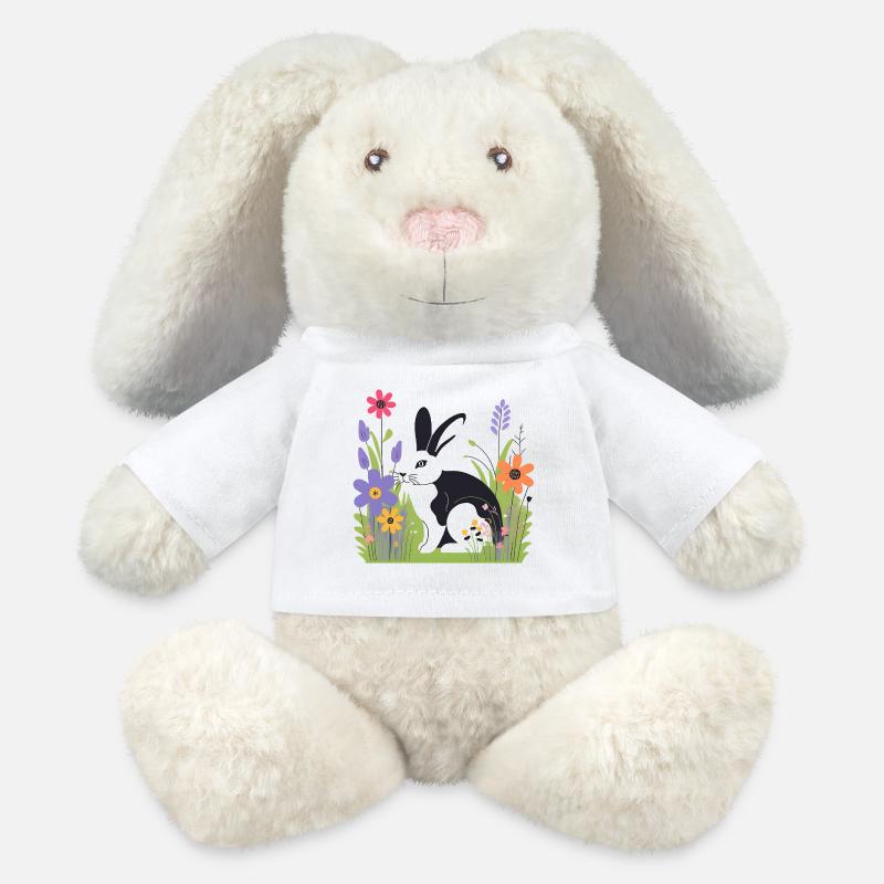 Lapin dans la prairie avec des fleurs - Lapin en peluche recyclé MiniFeet® Crème - blanc