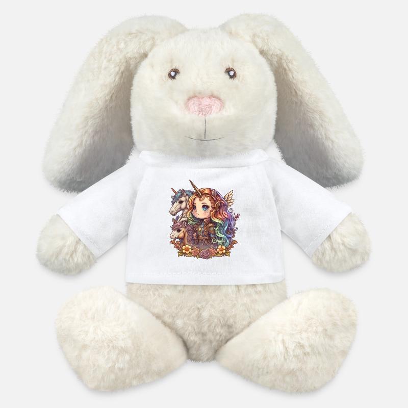 00258 Mädchen mit Regenbogenhaaren und Einhorn - MiniFeet® RecycelHase® Creme - Weiß