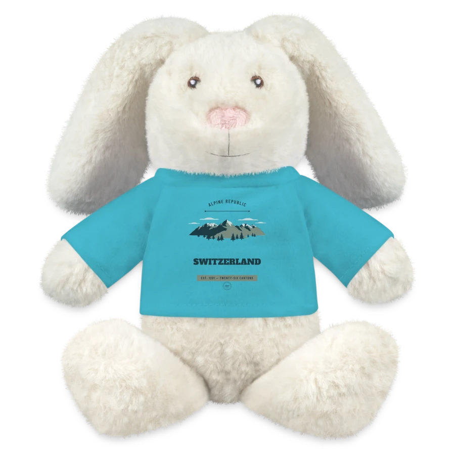 Switzerland badge on a minifeet® recycelhase® bunny cream, atoll blue