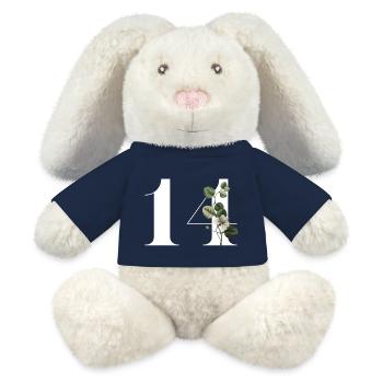 Numéro 14 floral vert -14e anniversaire floral - Lapin en peluche recyclé MiniFeet® Crème - bleu marine - Devant