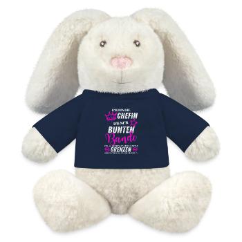 Chefin dieser bunten Bande – Lustiger Spruch - MiniFeet® RecycelHase® Creme - French Navy - Vorne