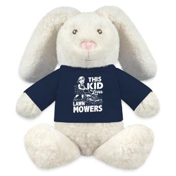 Ce gamin adore les tondeuses à gazon - Lapin en peluche recyclé MiniFeet® Crème - bleu marine - Devant