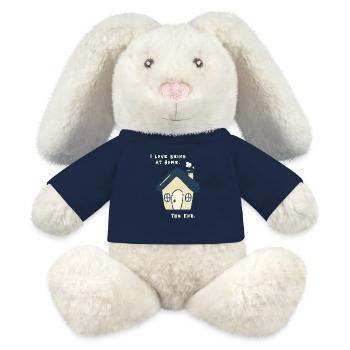 J’adore être à la maison – Drôle de proverbe antisocial - Lapin en peluche recyclé MiniFeet® Crème - bleu marine - Devant