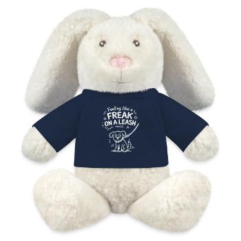 Dog with leash – cheeky comic motif - MiniFeet® RecycelHase® Bunny Cream - french navy - Front