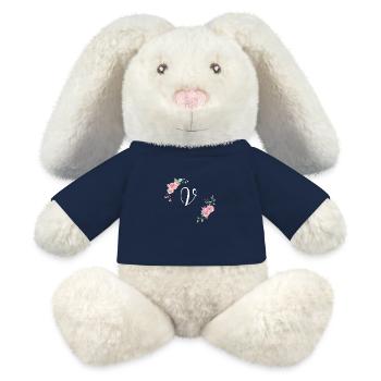 Lettre v florale rose - Lapin en peluche recyclé MiniFeet® Crème - bleu marine - Devant