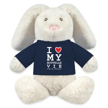 I Love My Nouvelle Vie (texte blanc) - Lapin en peluche recyclé MiniFeet® Crème - bleu marine - Devant