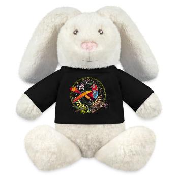 bunter Roboter Vogel im floralen Rahmen - MiniFeet® RecycelHase® Creme - Schwarz - Vorne
