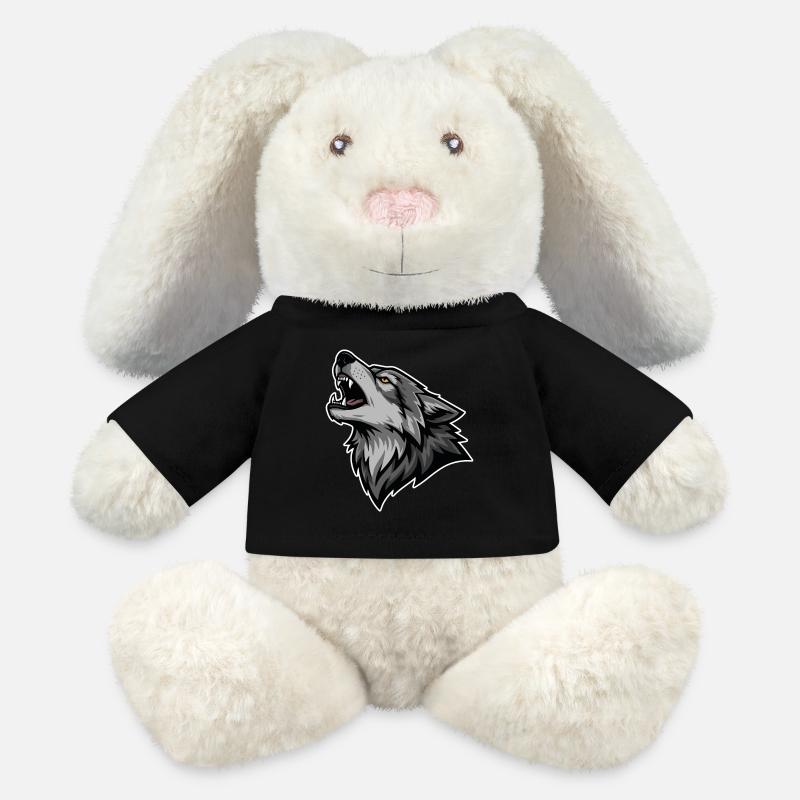 Loup Gris Hurlant Lune Sauvage Logo Wolf - Lapin en peluche recyclé MiniFeet® Crème - noir
