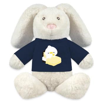 Canard douillet et endormi sur un lit jaune - Lapin en peluche recyclé MiniFeet® Crème - bleu marine - Devant