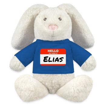 Hello My Name Is Elias Etikett Namensschild - MiniFeet® RecycelHase® Creme - Königsblau - Vorne