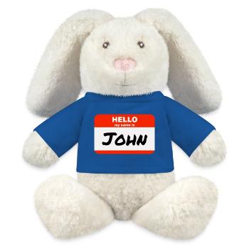 Bonjour, je m’appelle John Étiquette Étiquette Étiquette - Lapin en peluche recyclé MiniFeet® Crème - bleu roi - Devant