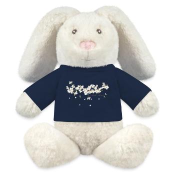 Illustration d’une branche de cerisier avec fleurs blanches - Lapin en peluche recyclé MiniFeet® Crème - bleu marine - Devant