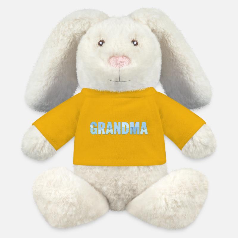 Coutures de grand-mère – patchwork bleu brodé - Lapin en peluche recyclé MiniFeet® Crème - jaune soleil