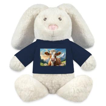 Vache joyeuse dans le panorama alpin - Lapin en peluche recyclé MiniFeet® Crème - jaune soleil - Devant