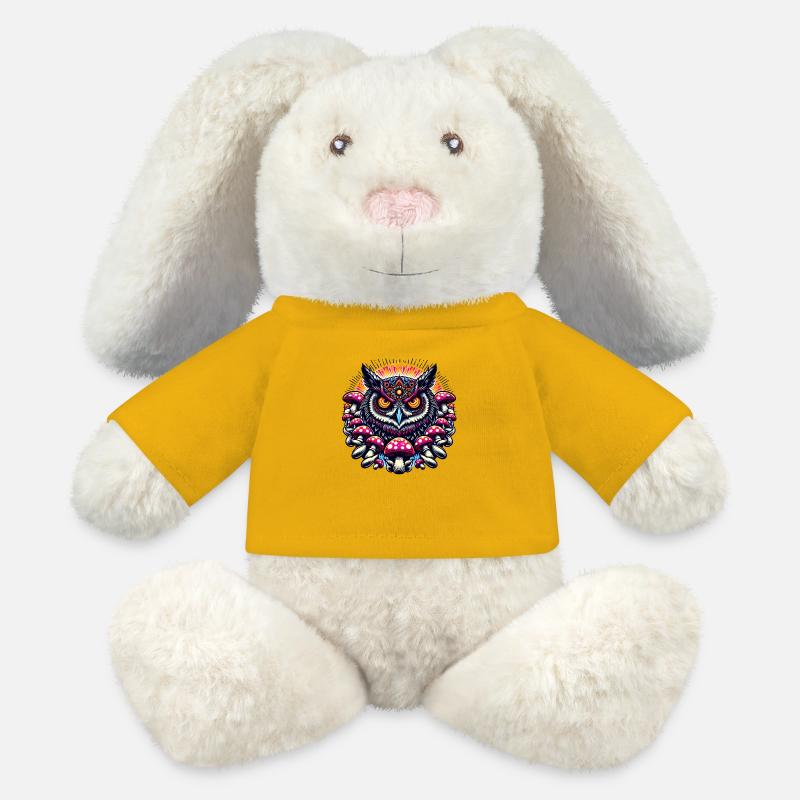 Bunte Eule mit Pilzen - MiniFeet® RecycelHase® Creme - Sonnengelb