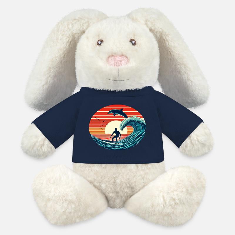 Surfer mit Delfin im Sonnenuntergang - MiniFeet® RecycelHase® Creme - French Navy