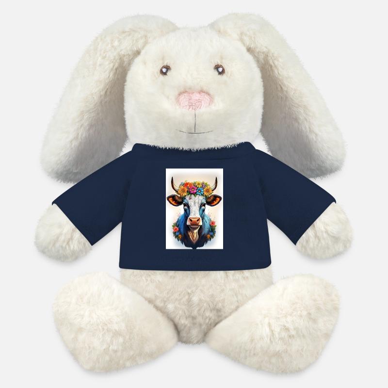 Vache avec couronne de fleurs - Lapin en peluche recyclé MiniFeet® Crème - bleu marine