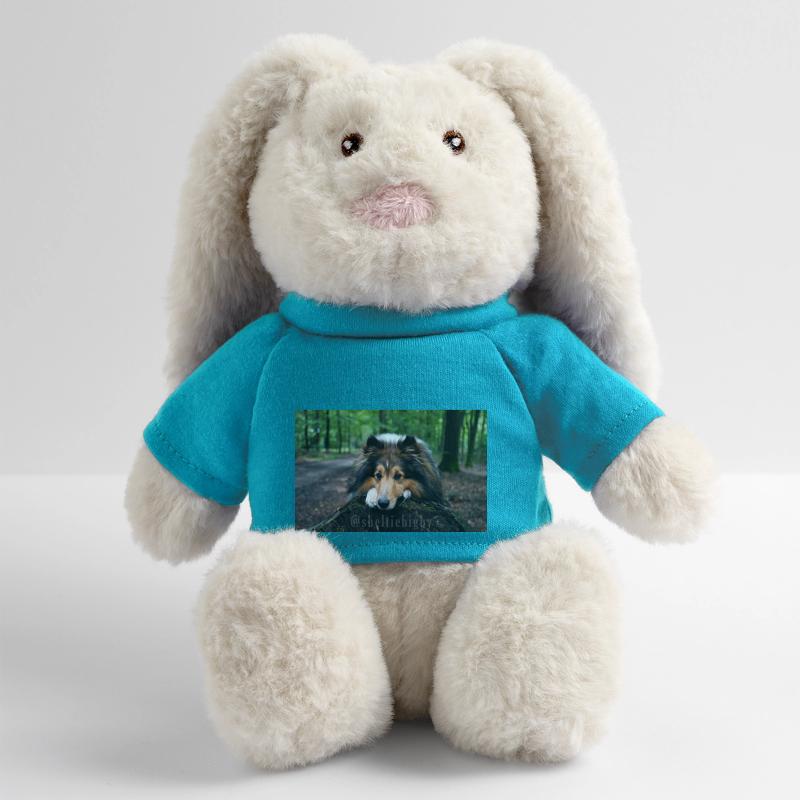 Cute dog, cute sheltie on tree trunk MiniFeet® RecycelHase® Bunny Cream