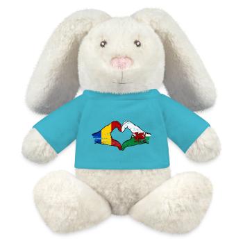 Romania Wales flag hands heart shape used - MiniFeet® RecycelHase® Bunny Cream - atoll blue - Front