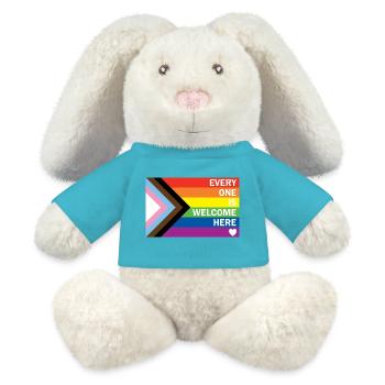 Progress Pride Flag – Everyone Is Welcome Here  - MiniFeet® RecycelHase® Creme - Atollblau - Vorne