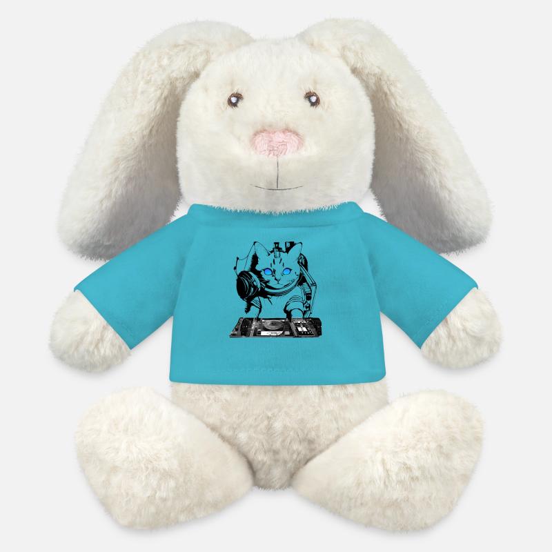 DJ Katze mit Mischpult - MiniFeet® RecycelHase® Creme - Atollblau